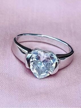 Sterling Silver Heart Solitaire Ring with Clear Stone - Silver